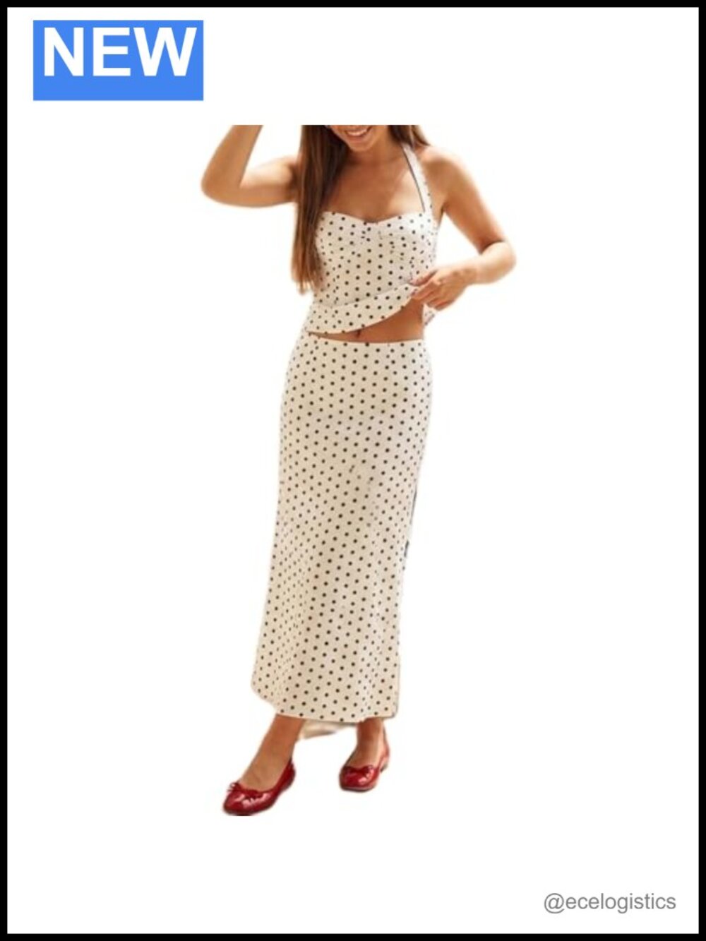 Polka Dot 2 Piece Skirt Set Women Slim Fit Halter Cami Crop Top Bodycon Maxi